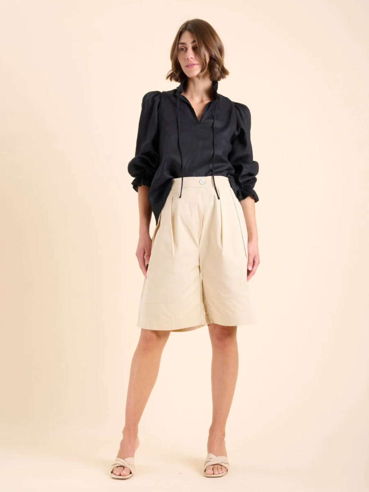 State Of Embrace - Frill Neckline and Cuff Linen Blouse - Black Size 18