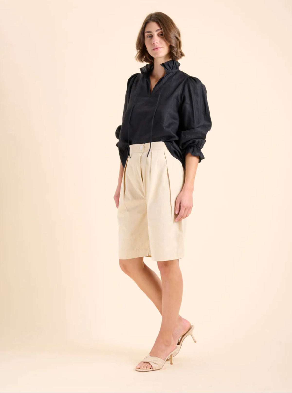 State Of Embrace - Frill Neckline and Cuff Linen Blouse - Black Size 18