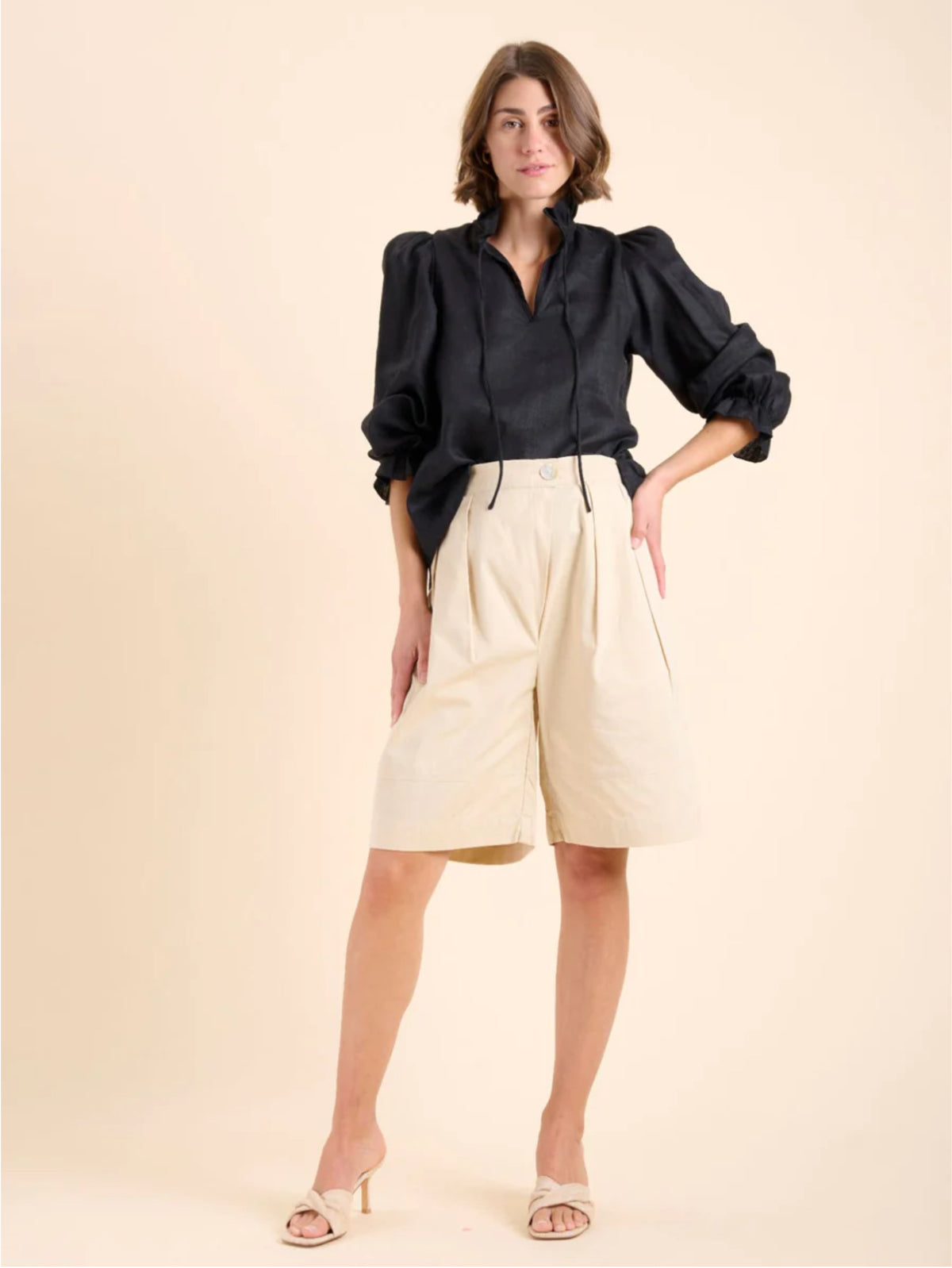 State Of Embrace - Frill Neckline and Cuff Linen Blouse - Black Size 18
