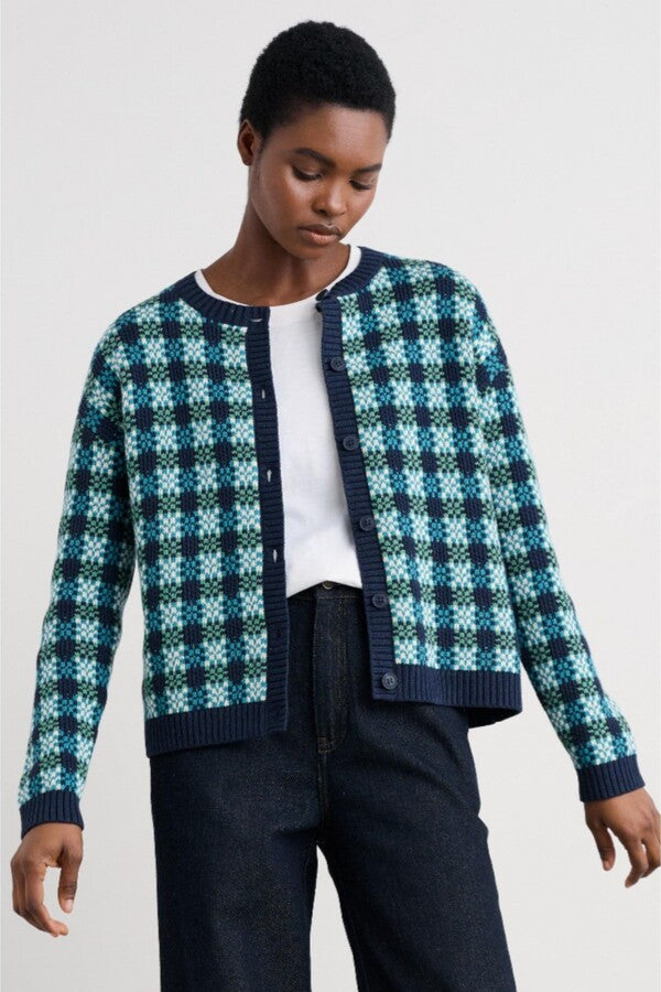 Seasalt Cornwall - Kensa Organic Cotton Checked Cardigan  - Circlet Maritime Emulsion