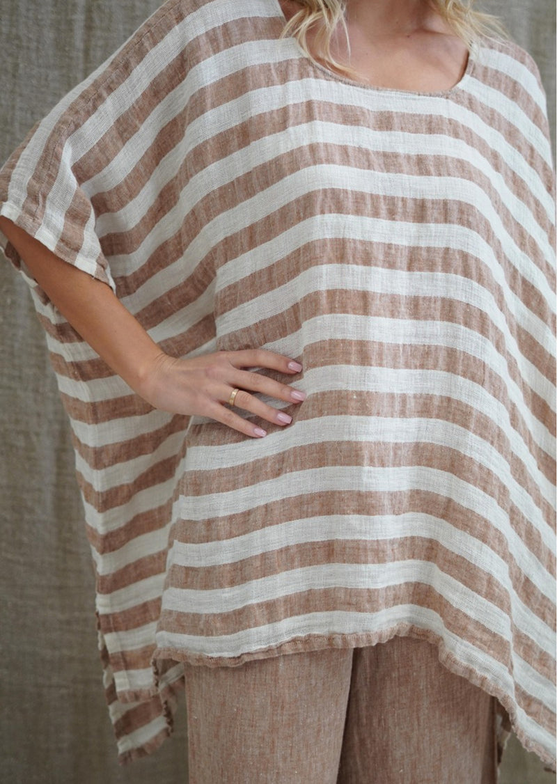 Rustic ‘Luna’ Oversized Top - Antique Rust with White Stripes