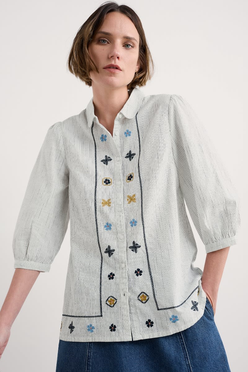 Seasalt Cornwall - Hope Cottage Embroidered Blouse - Simplicity Stripe Chalk Maritime