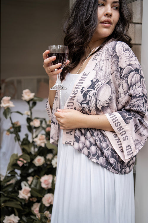 ‘Peace Wine & Sunshine’ Pixie Bamboo Cropped Kimono - Blush