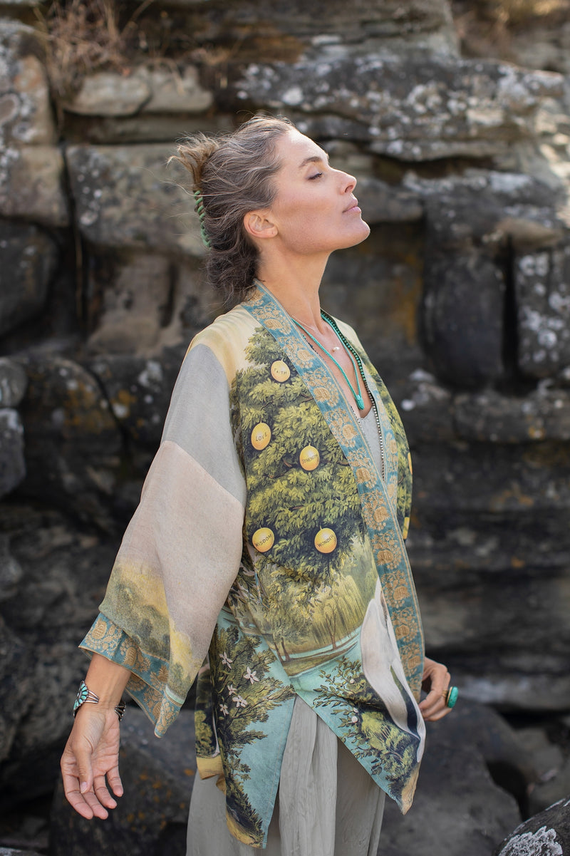 ‘Tree of Life’ Matinée Duster Kimono w/ Dove Mid-Length