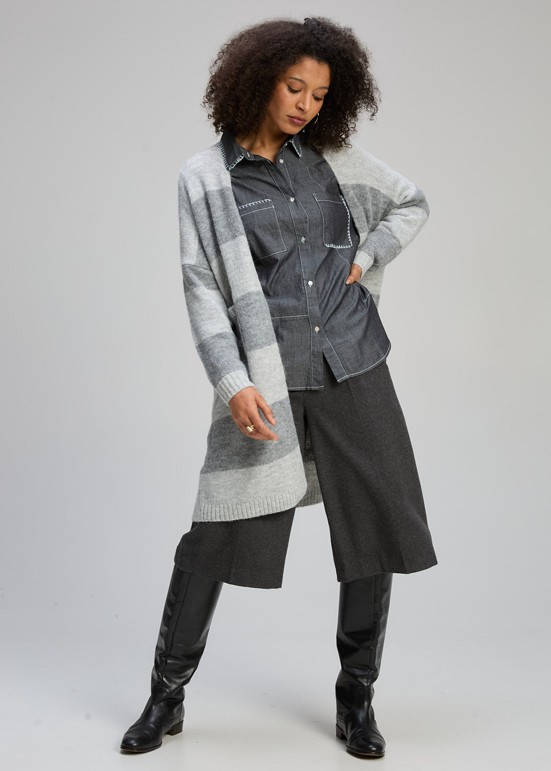 Zaket & Plover - LL Luxe Large Stripe Long Cardi - Dove