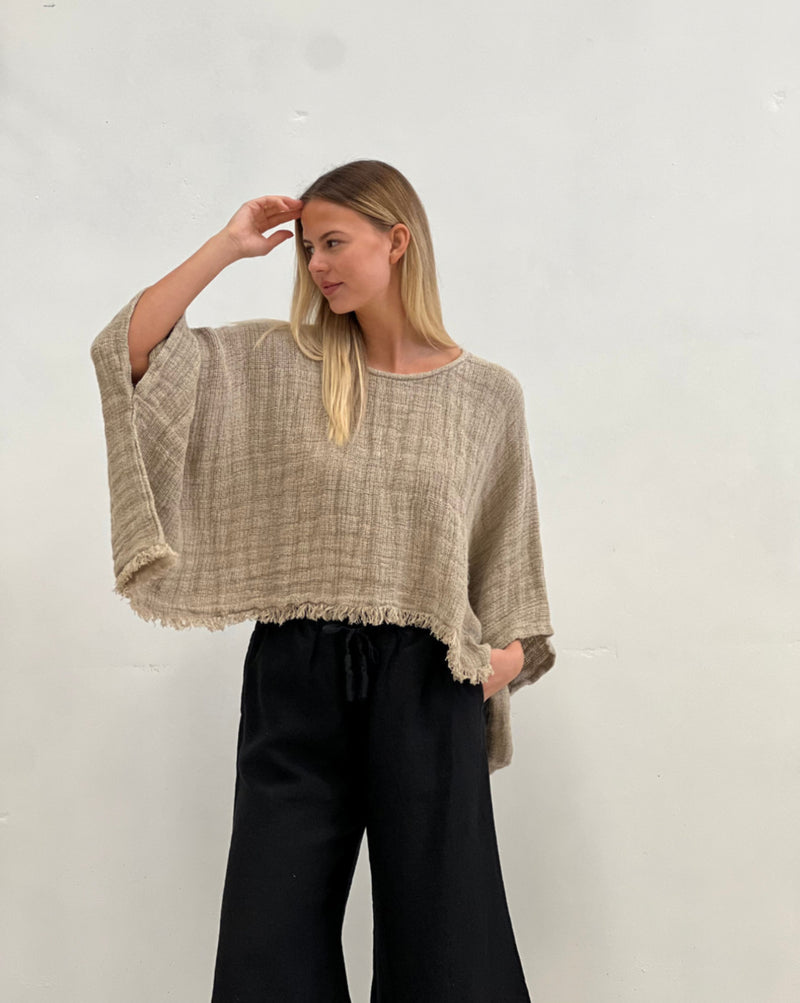 ‘Alice’ Fringed Poncho Top - Natural Heavy Mesh