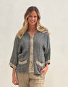 ‘Andrea’ 2 Front Pockets Linen Jacket - Blue/Natural Wovens
