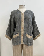 ‘Andrea’ 2 Front Pockets Linen Jacket - Blue/Natural Wovens