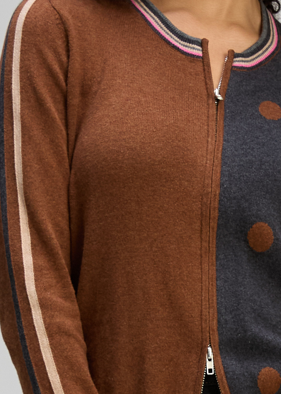 Zaket & Plover - Stripe Spot Zip Up Cardi - Coffee