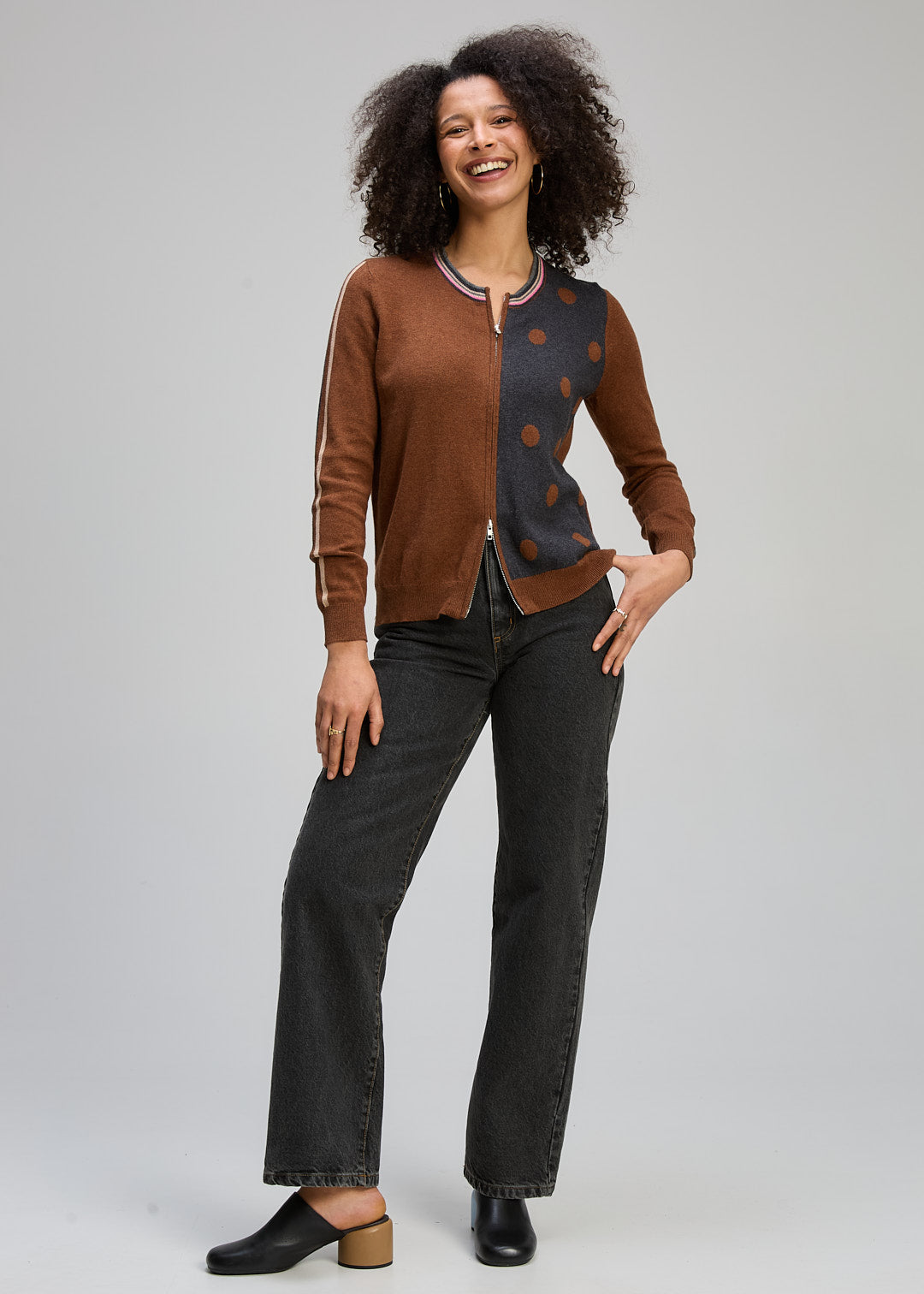 Zaket & Plover - Stripe Spot Zip Up Cardi - Coffee