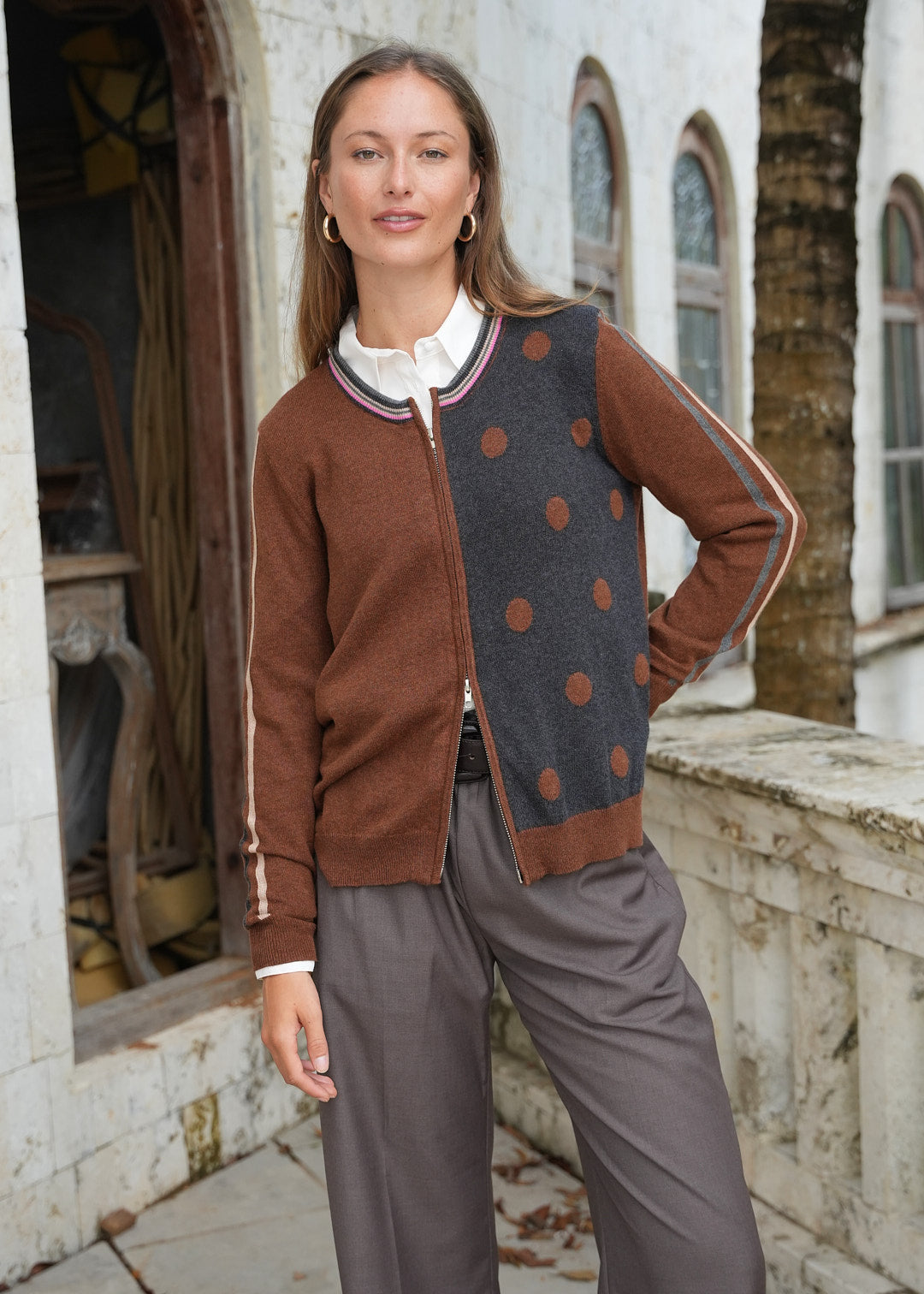 Zaket & Plover - Stripe Spot Zip Up Cardi - Coffee