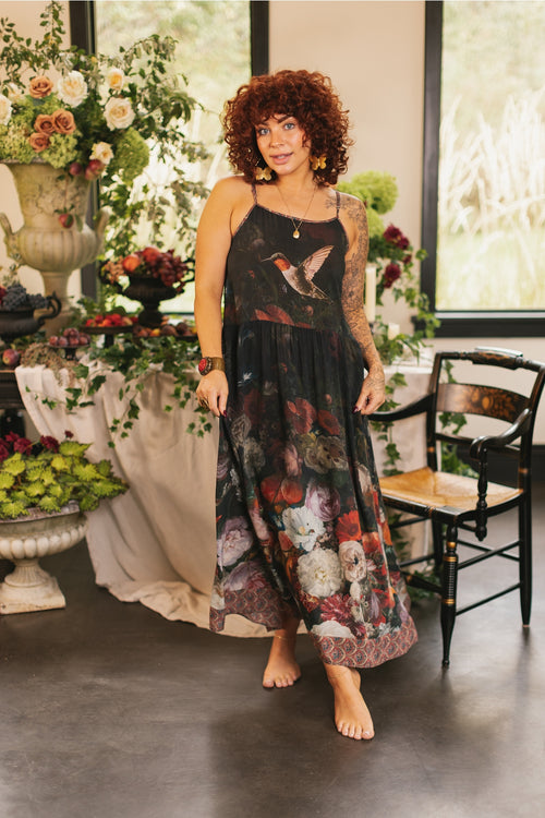 ‘Flight of Fancy Bohéme’ Long Maxi Print Bohemian Bamboo Slip Dress - Hummingbirds