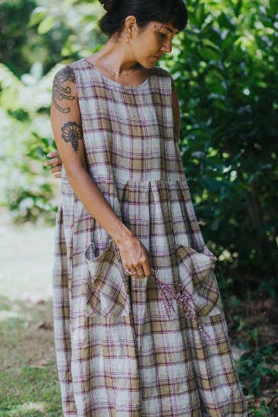 Montaigne - Sartene - French Linen Dress - Purple /Green Pistachio Check