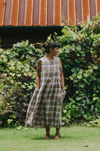 Montaigne - Sartene - French Linen Dress - Purple /Green Pistachio Check