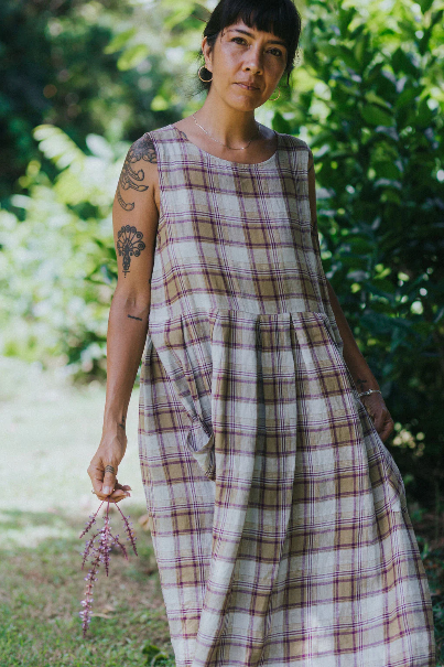 Montaigne - Sartene - French Linen Dress - Purple /Green Pistachio Check