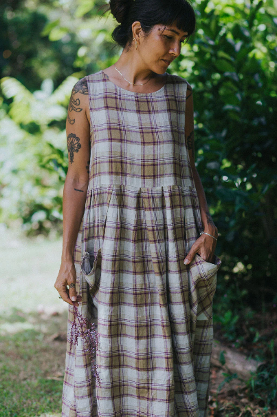 Montaigne - Sartene - French Linen Dress - Purple /Green Pistachio Check/Tartan