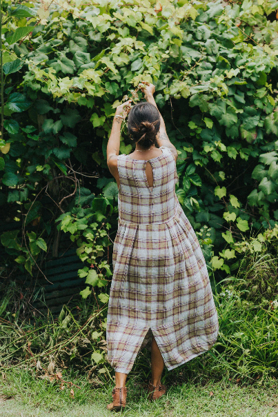 Montaigne - Sartene - French Linen Dress - Purple /Green Pistachio Check