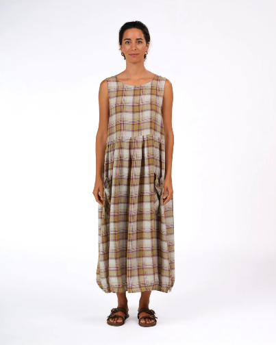 Montaigne - Sartene - French Linen Dress - Purple /Green Pistachio Check