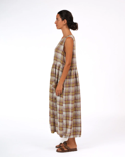 Montaigne - Sartene - French Linen Dress - Purple /Green Pistachio Check
