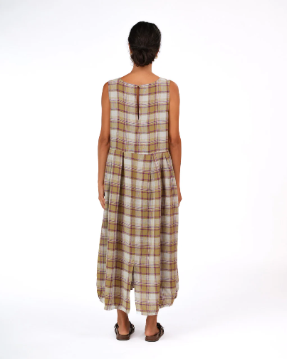 Montaigne - Sartene - French Linen Dress - Purple /Green Pistachio Check