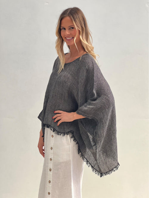 Rustic ‘Alice’ Fringed Poncho Top - Black & White Wovens