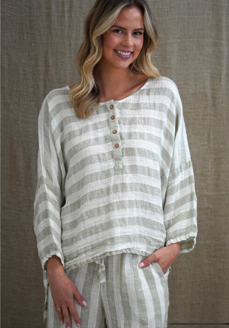 Rustic ‘Greta’ Wide Sleeves Top Sage - White Stripes