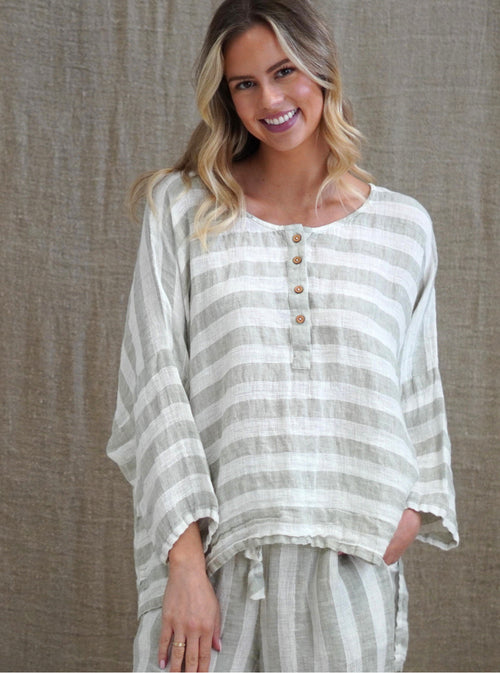 Rustic ‘Greta’ Wide Sleeves Top Sage - White Stripes