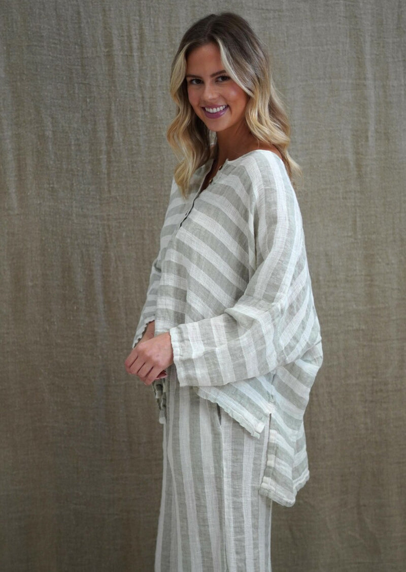 Rustic ‘Greta’ Wide Sleeves Top Sage - White Stripes