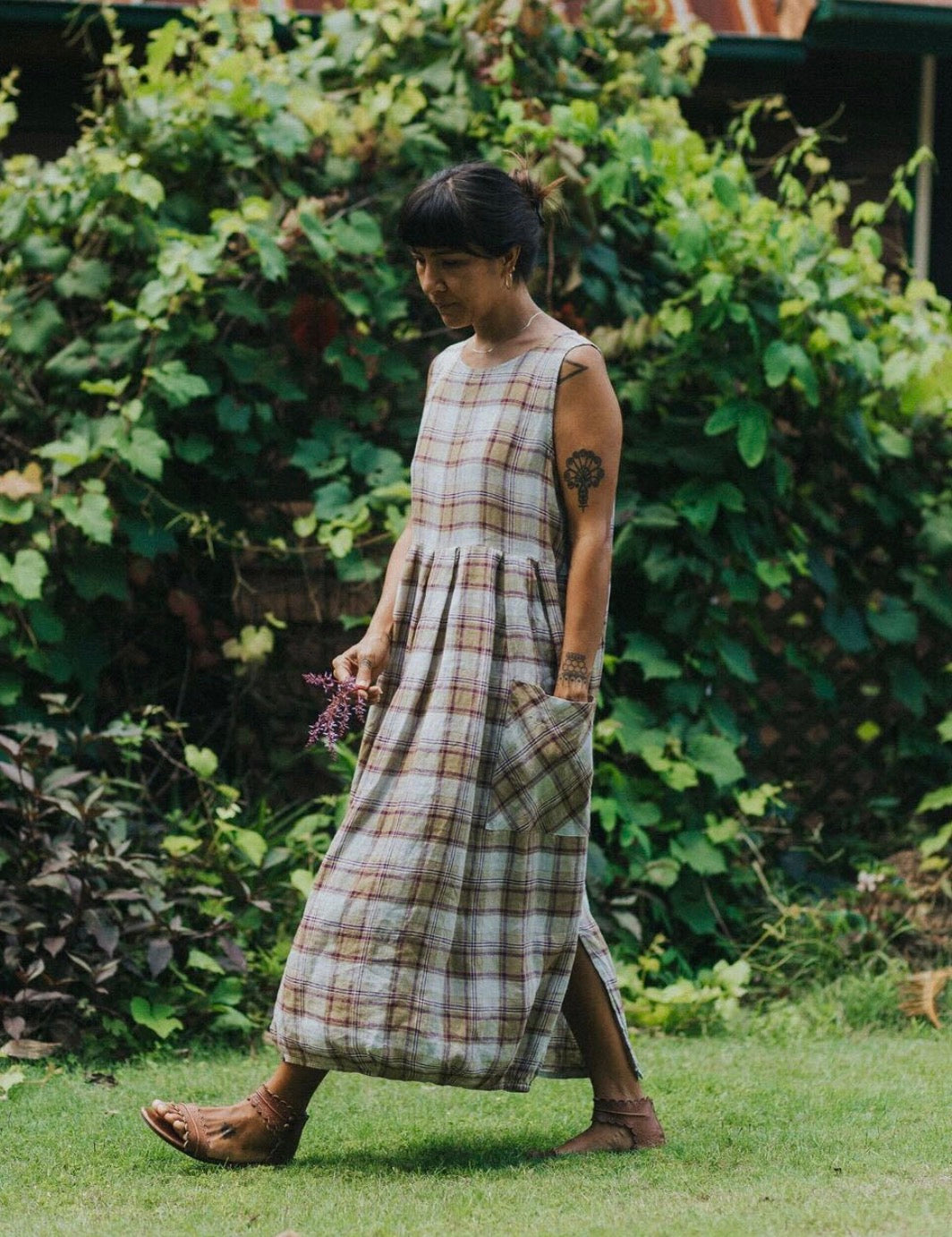 Montaigne - Sartene - French Linen Dress - Purple /Green Pistachio Check