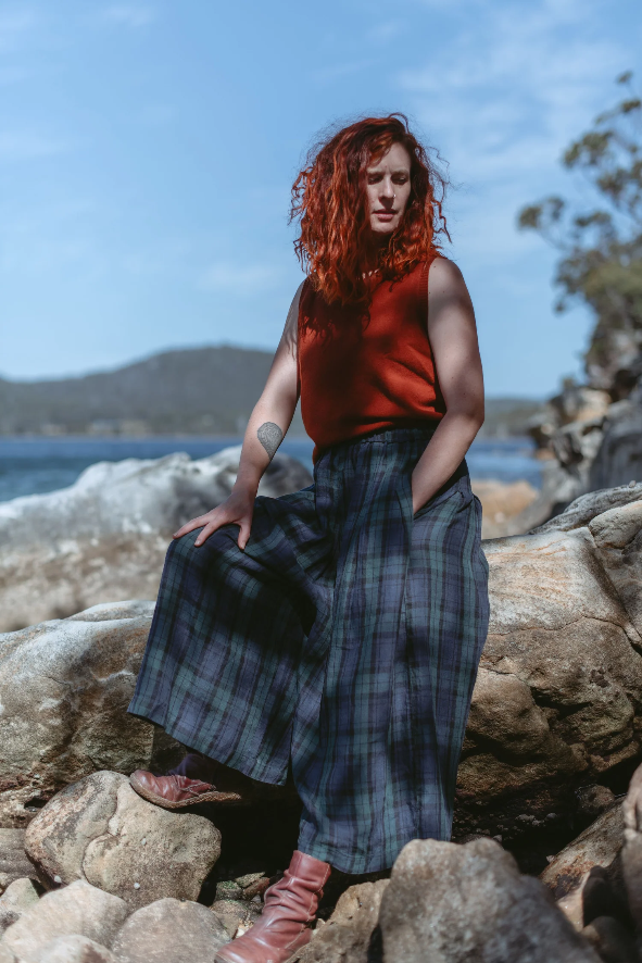 Montaigne ‘Freya’ French Winter Weight Linen Pants - Blue Tartan