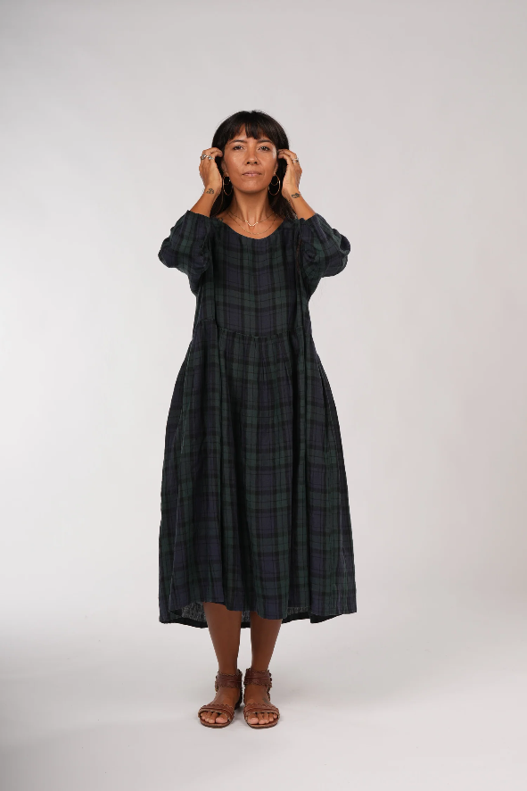 Montaigne ‘Journee’ Heavy Weight French Linen Dress - Blue Tartan