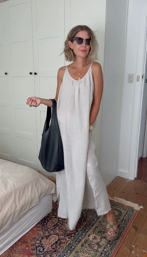 Montaigne ‘Virginie’ Linen Maxi Dress with Side Splits - White - LAST ONE