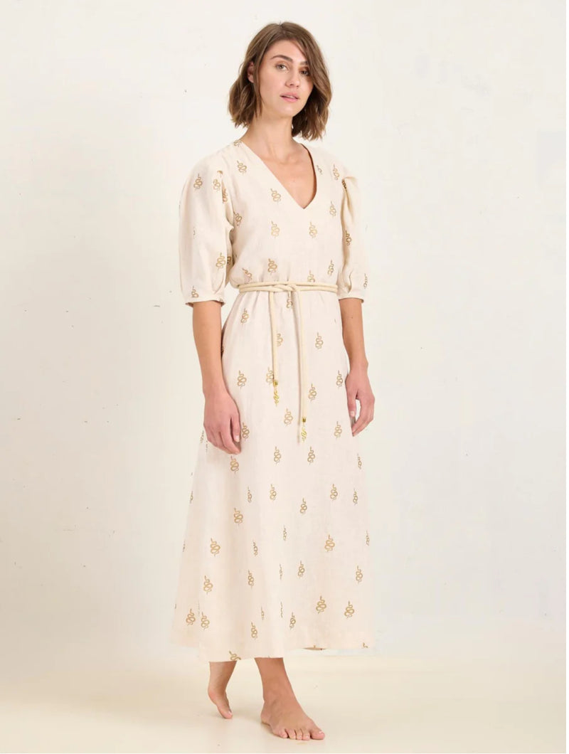 State Of Embrace Medusa Linen Dress With Balloon Sleeve With Snake Charmer Belt - Various Colours