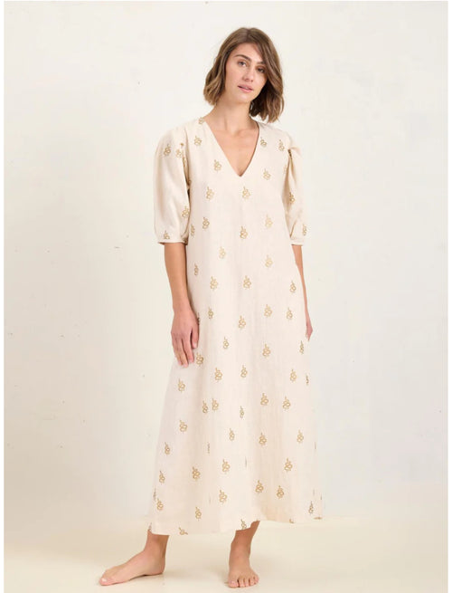 State Of Embrace Medusa Linen Dress With Balloon Sleeve With Snake Charmer Belt - LAST - Sand - Size 8