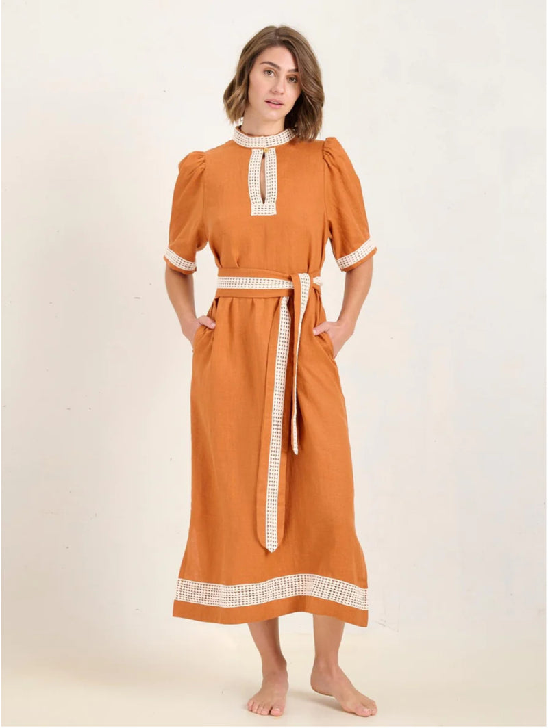 State Of Embrace Linen Peek Dress- Russet