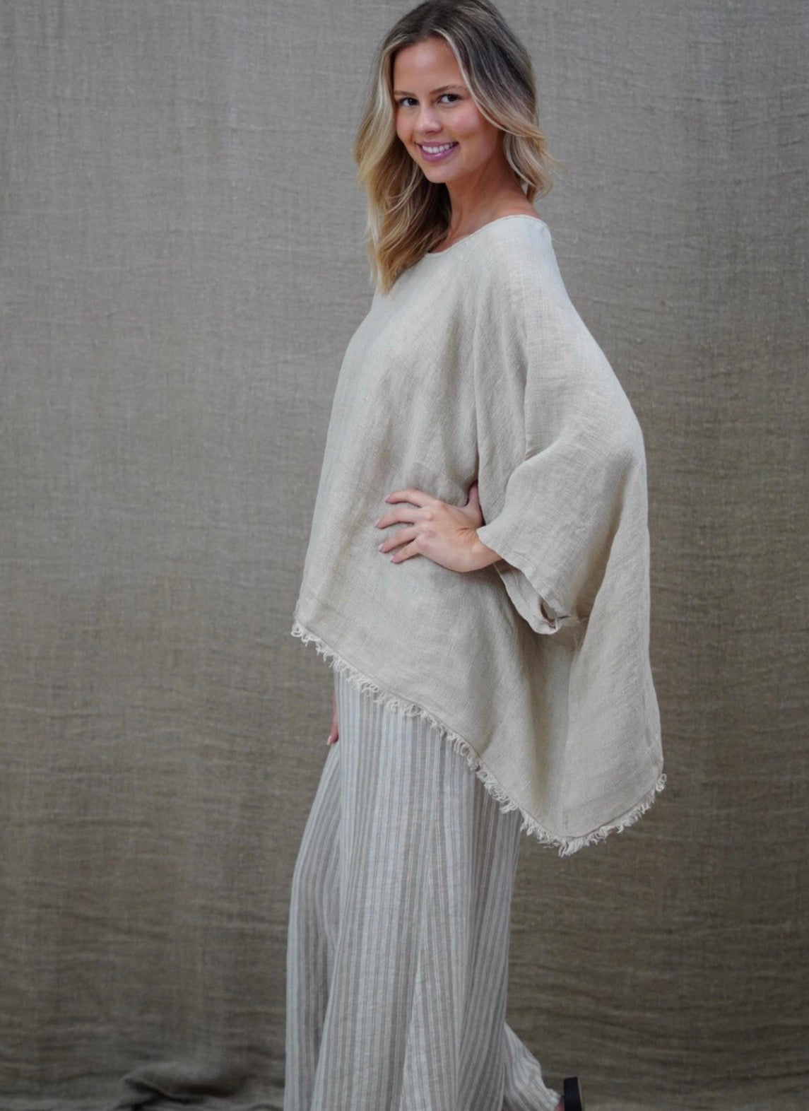 Rustic Linen - Alice - Fringed Poncho - Natural Combo