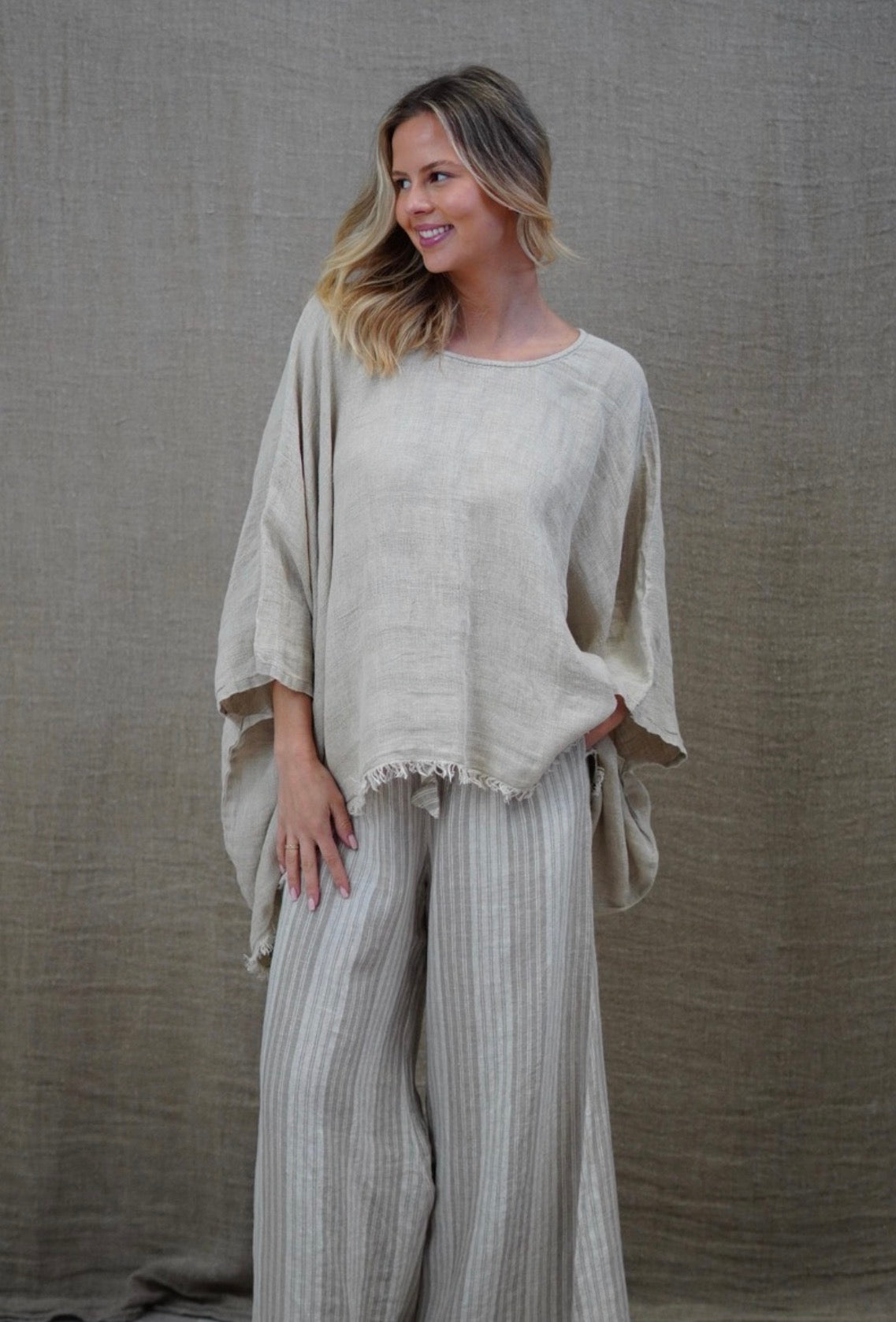 Rustic Linen - Alice - Fringed Poncho - Natural Combo