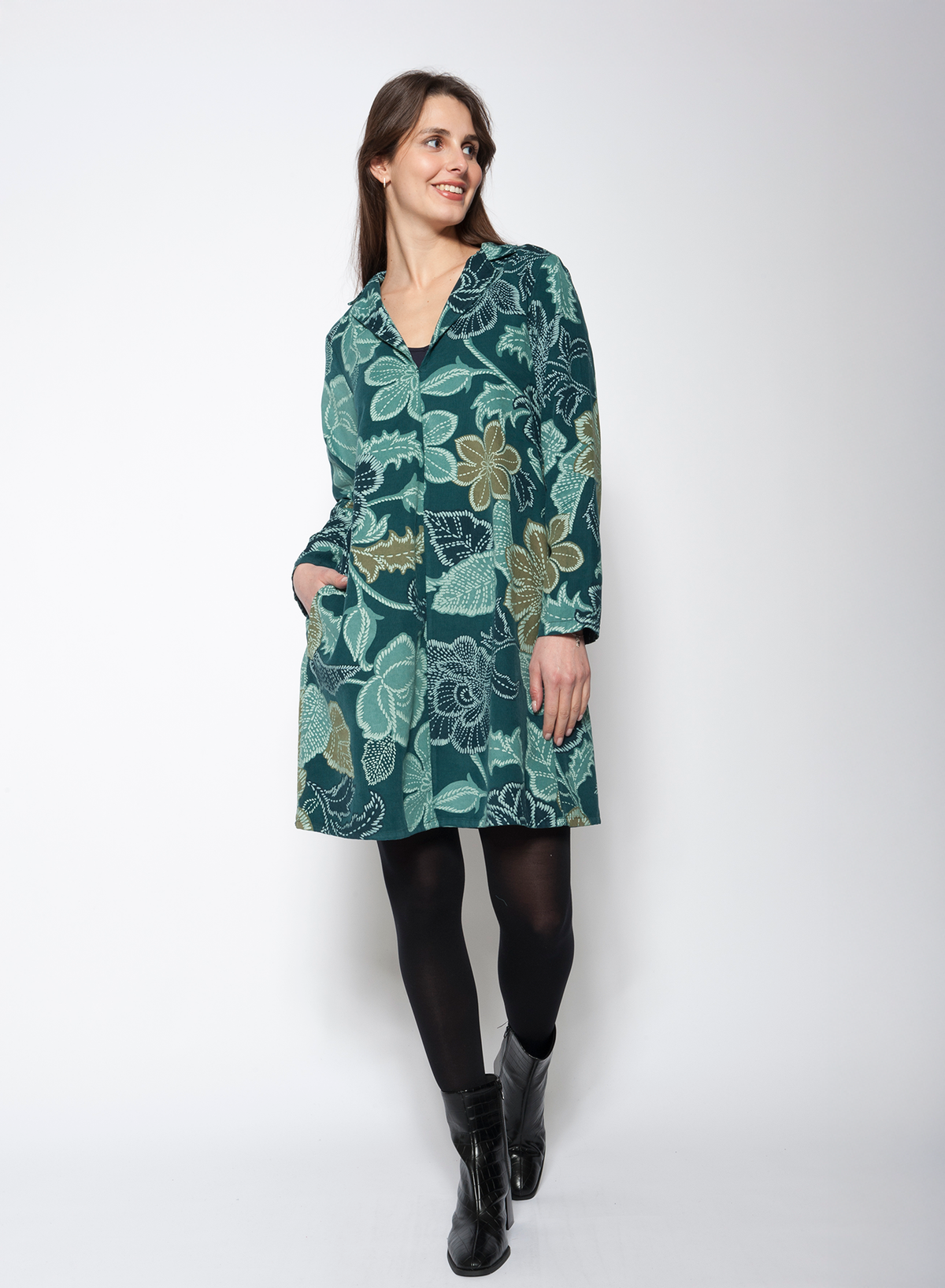 Blueberry Italia - Floral Print Fine Cord Dress - Navy