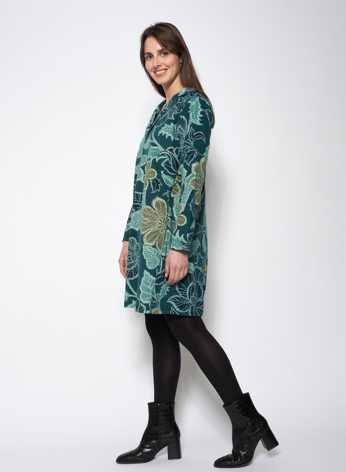 Blueberry Italia - Floral Print Fine Cord Dress - Navy