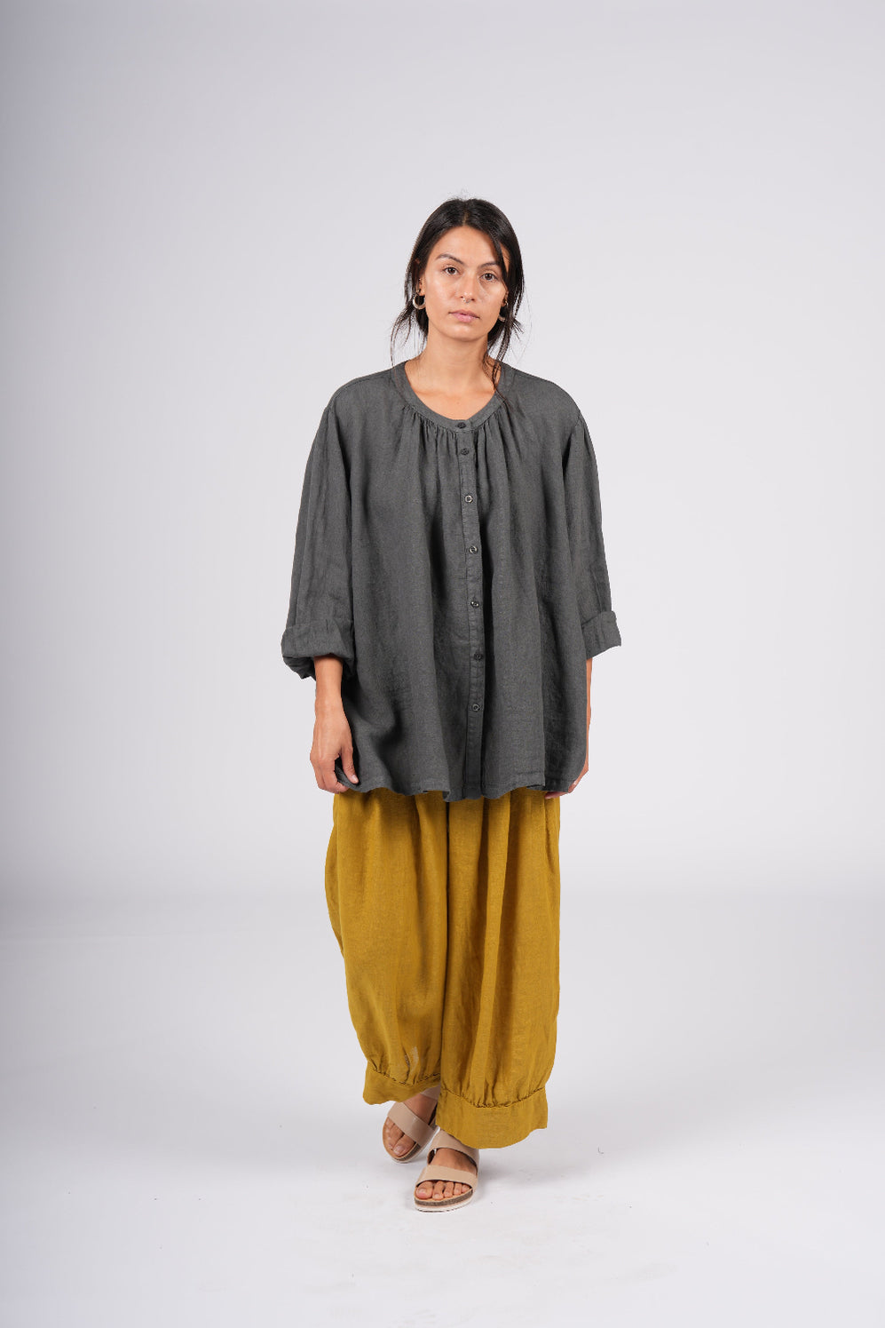 Montaigne - Carmen Button Through Long Sleeve Linen Top