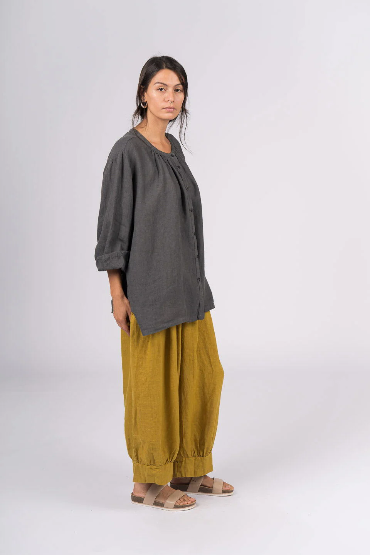 Montaigne - Carmen Button Through Long Sleeve Linen Top