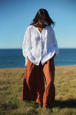 Montaigne - Carmen Button Through Long Sleeve Linen Top