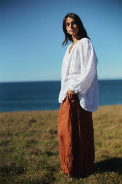 Montaigne - Carmen Button Through Long Sleeve Linen Top