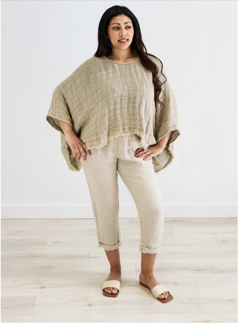 Rustic Linen ‘Liza’ Fringed Poncho Top Spaced Natural
