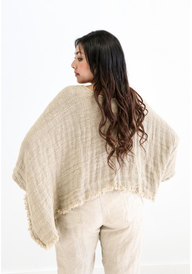 Rustic Linen ‘Liza’ Fringed Poncho Top Spaced Natural