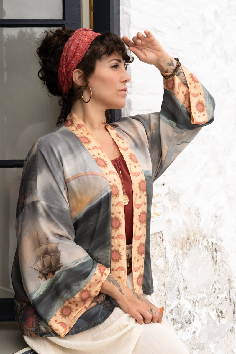 ‘Hold Fast Pixie’ Cropped Bamboo Duster Kimono Cardigan - Boat, Rainbow