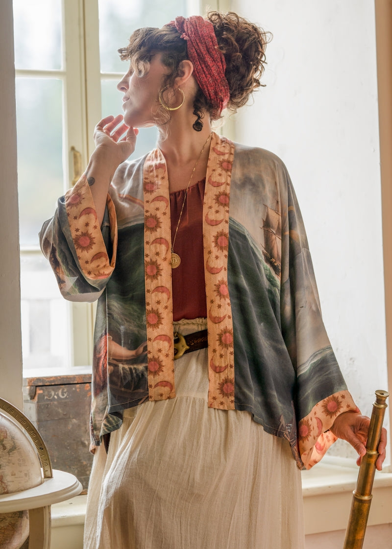 ‘Hold Fast Pixie’ Cropped Bamboo Duster Kimono Cardigan - Boat, Rainbow