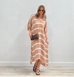 Rustic Linen ‘Bella’ Elasticated Sleeve Kaftan - Rust/White Stripe