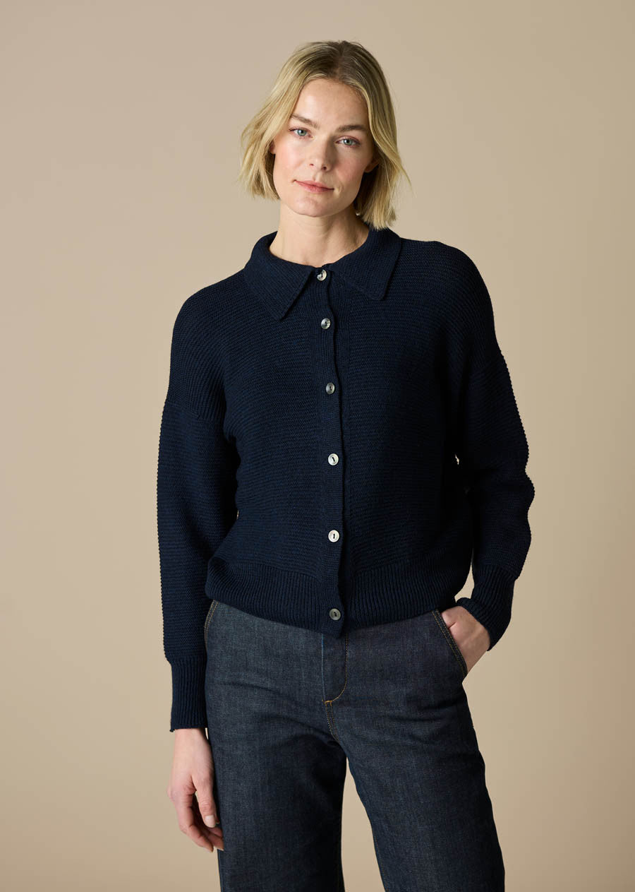 UIMI - Pearl - Garter Stitch Australian Merino Wool Cardigan with Collar - Midnight