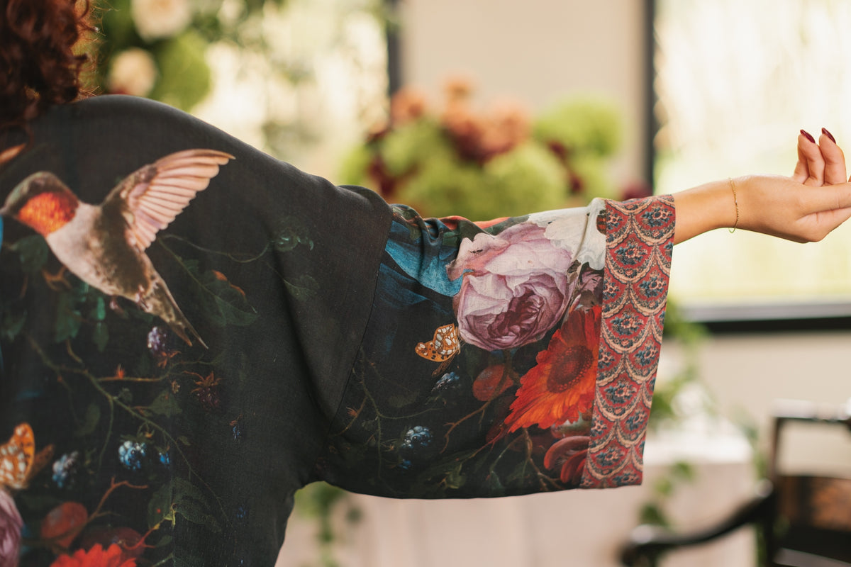 ‘Flight of Fancy Opera’ Duster Bamboo Kimono Duster Robe With Hummingbird Print
